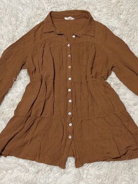 Women's size large Peach Love long sleeve Button-Front Brown dress